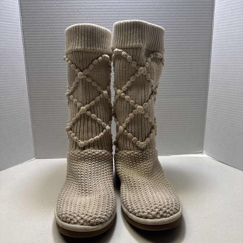 UGG 5879 Classic Cardy Argyle Sweater Boots Cream White Size 8